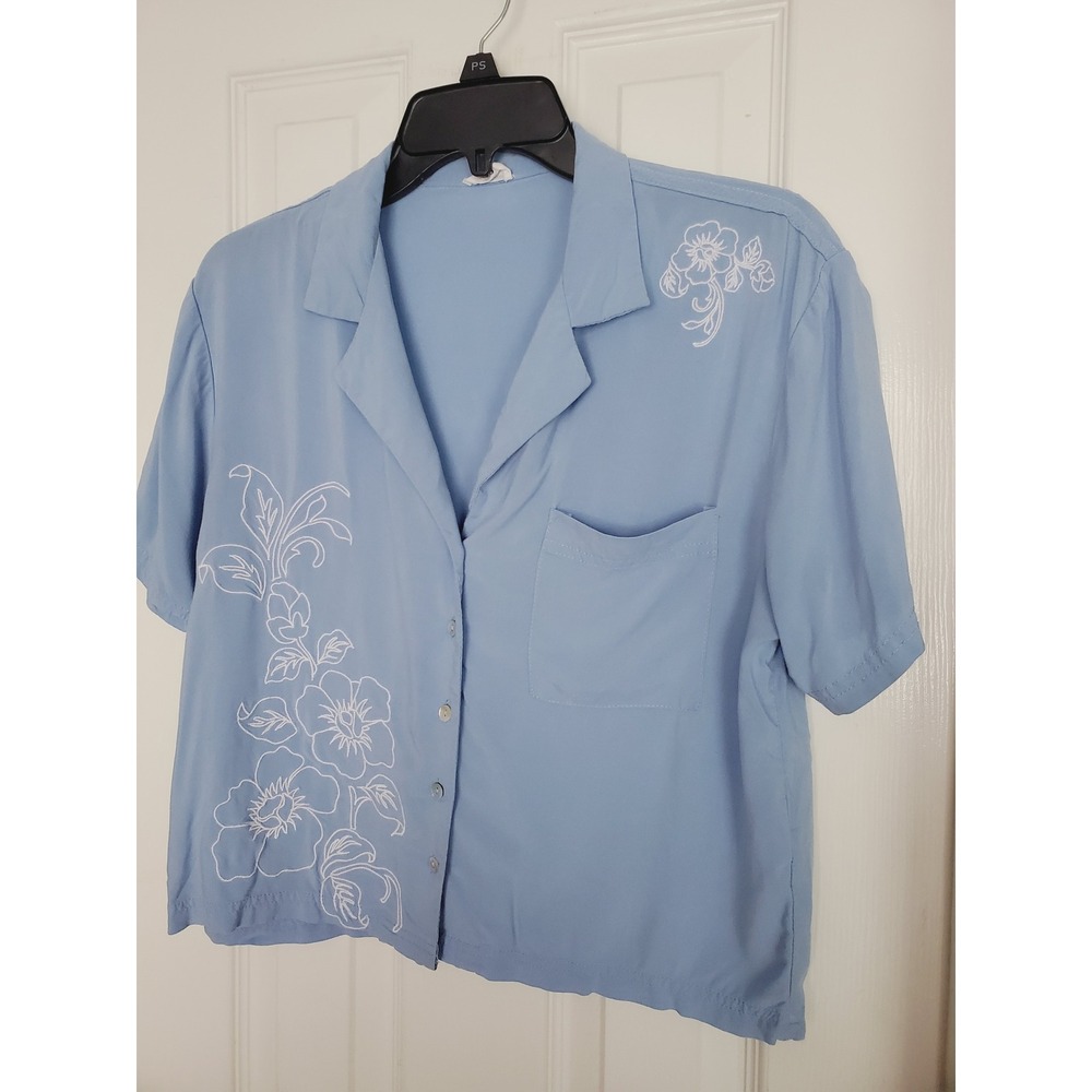 Cotton On Shirt Blue Floral Embroidered Short Sleeve Button Up Camp Collar XS